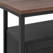 Close-up of the walnut-effect top and open shelf corner