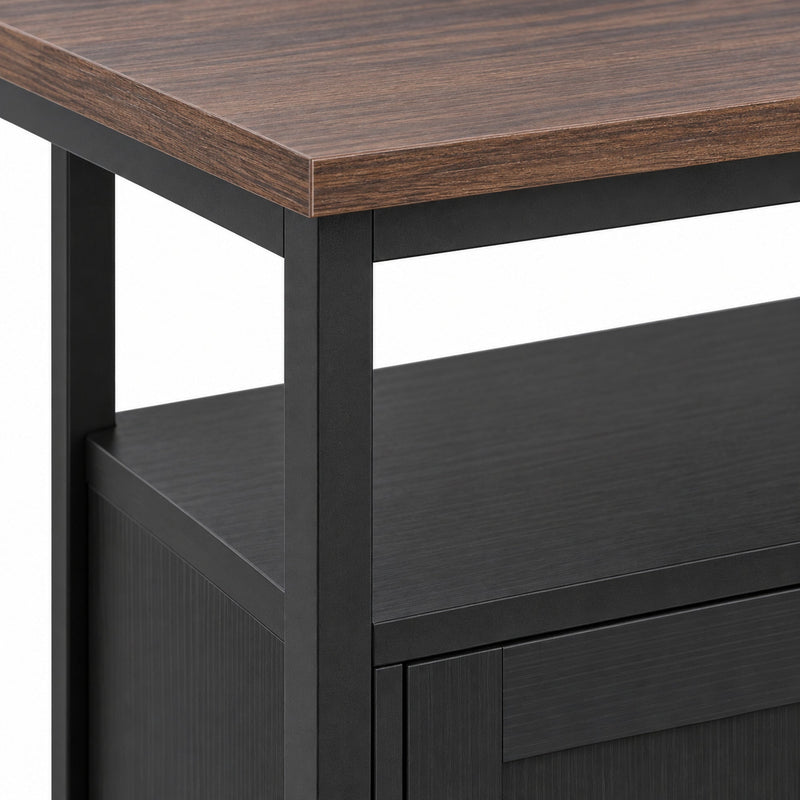 Close-up of the walnut-effect top and open shelf corner