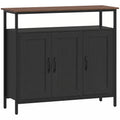 Black industrial sideboard with walnut-effect top, open shelf and three doors on a white background