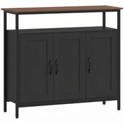 Black industrial sideboard with walnut-effect top, open shelf and three doors on a white background
