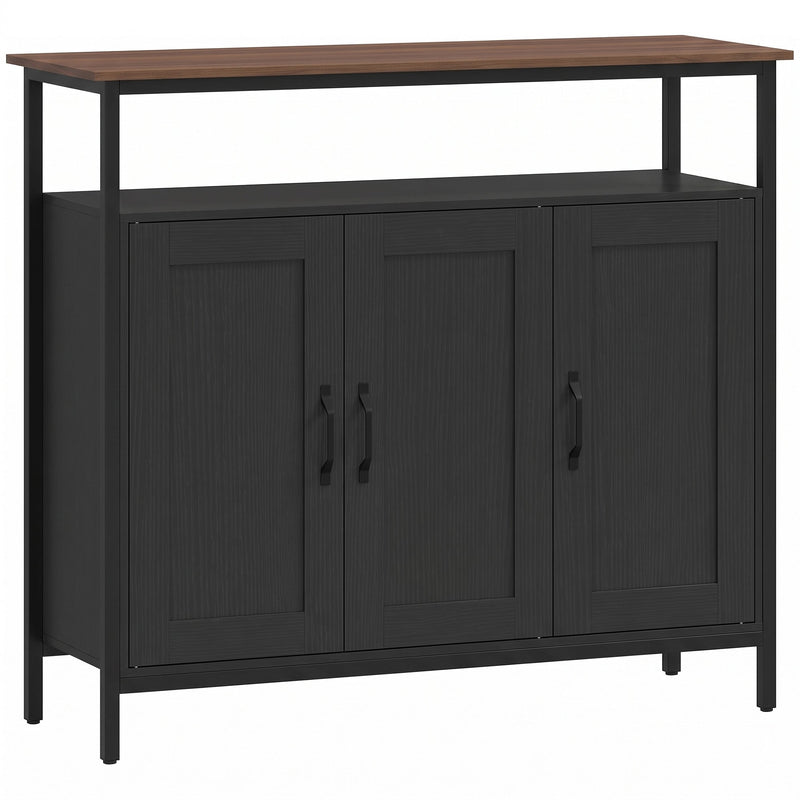 Black industrial sideboard with walnut-effect top, open shelf and three doors on a white background