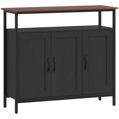 Black industrial sideboard with walnut-effect top, open shelf and three doors on a white background