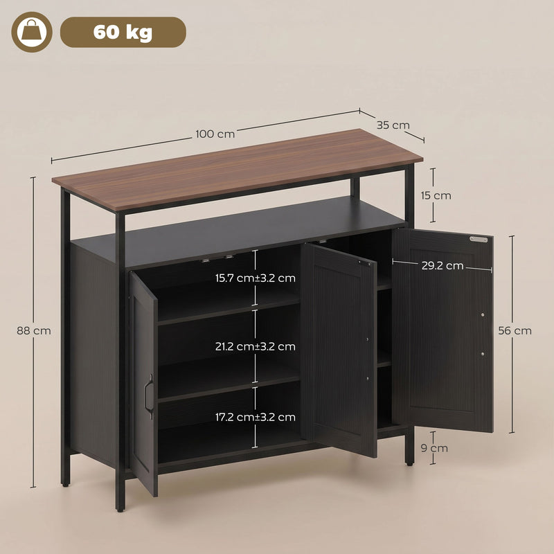 Dimensions diagram showing 100 cm wide, 35 cm deep and 88 cm high with shelf heights and 60 kg capacity