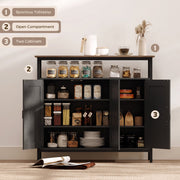 Black sideboard with numbered callouts for the worktop, open compartment and two cabinets