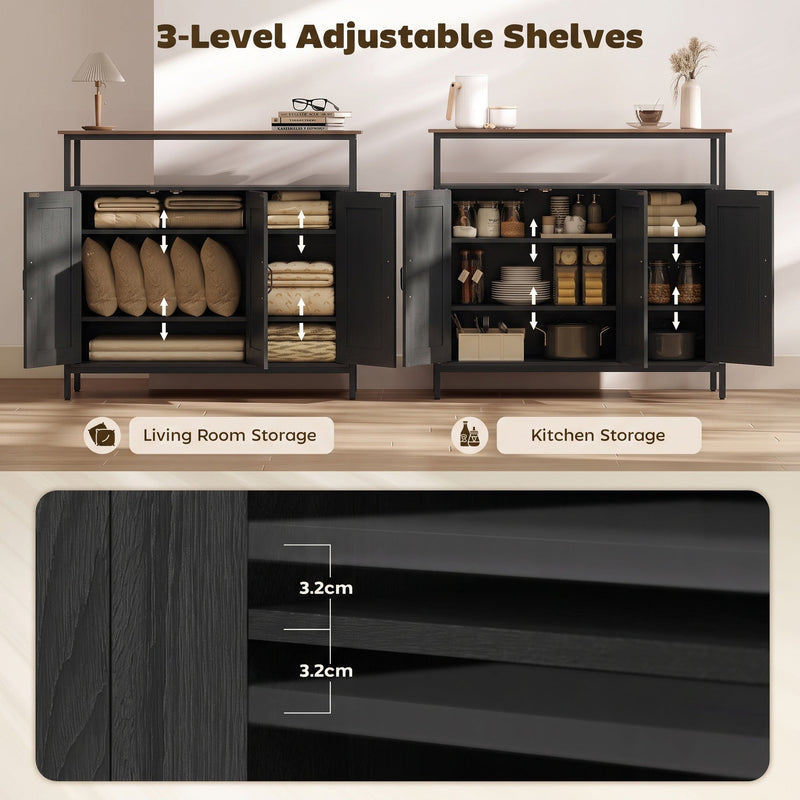 Two views of the cabinet interiors showing 3-level adjustable shelves