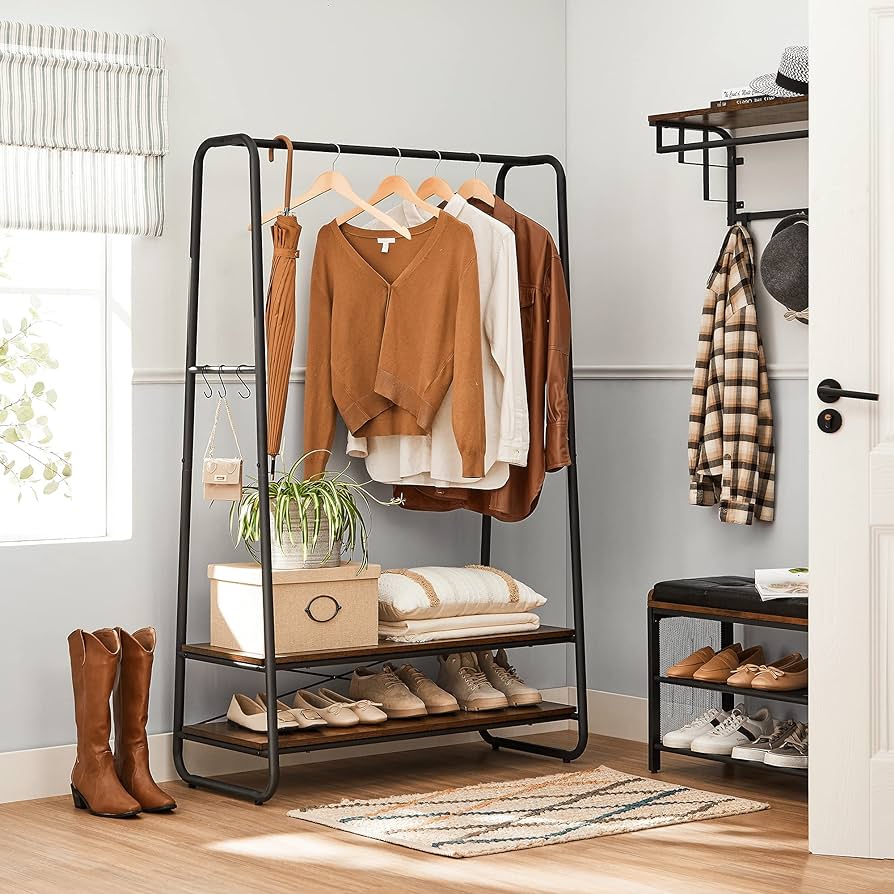 industrial style clothes hanging rack in a modern hallway