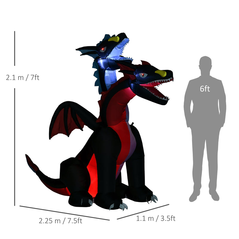 Dimension diagram comparing the dragon at 2.1m tall, 2.25m long and 1.1m wide against a 6ft person