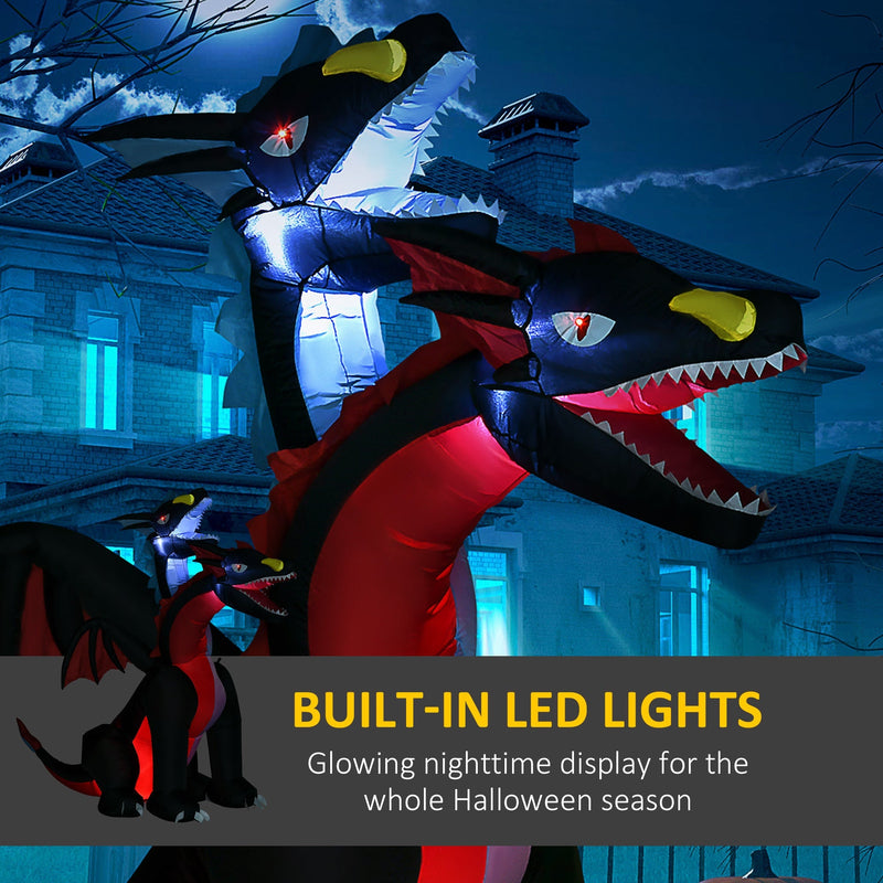 Close-up of the dragon's two glowing heads at night, captioned Built-In LED Lights