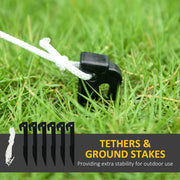 Ground stakes and guy rope tethered into grass, captioned Tethers and Ground Stakes