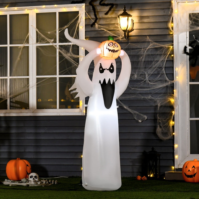 White inflatable ghost glowing beside a house doorway strung with fairy lights