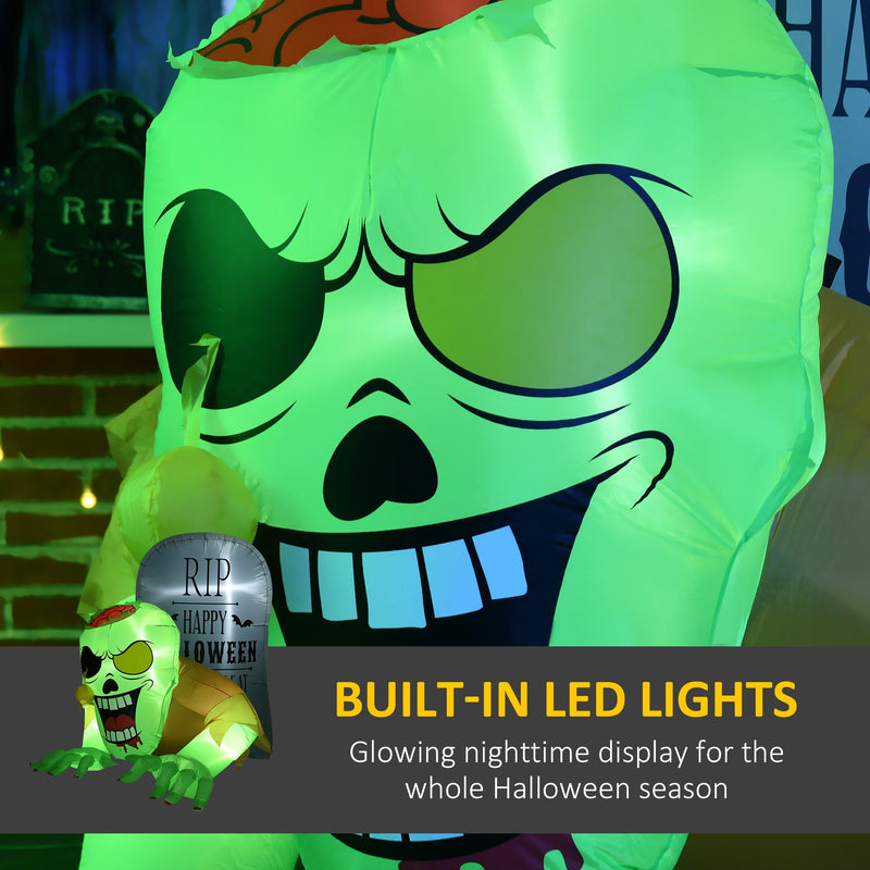 Close-up of the zombie's face glowing from the built-in LED lights at night