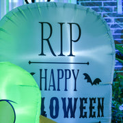 Close-up of the inflatable tombstone printed with RIP and Happy Halloween