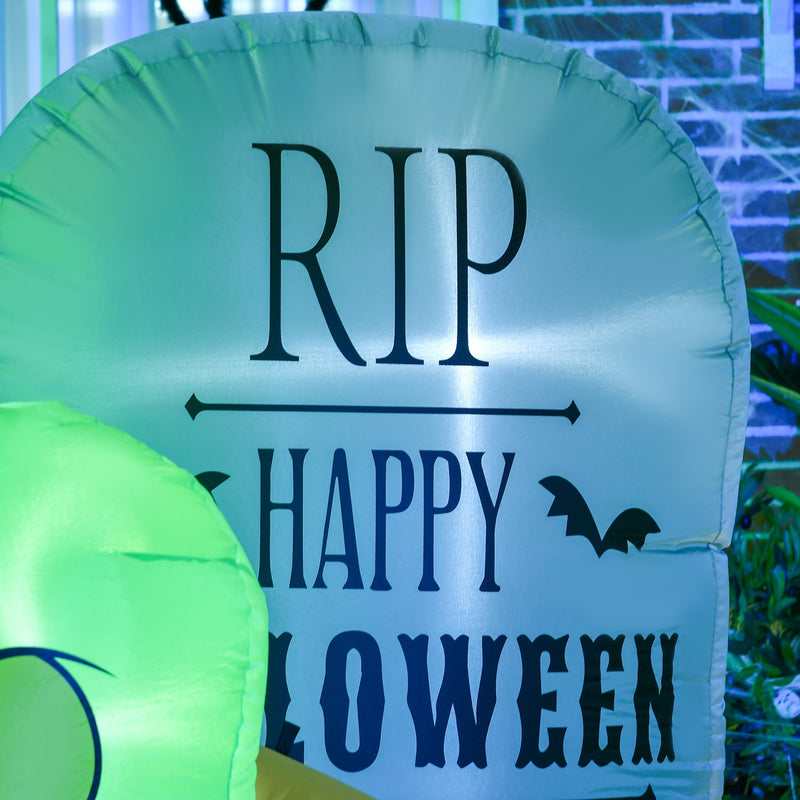 Close-up of the inflatable tombstone printed with RIP and Happy Halloween