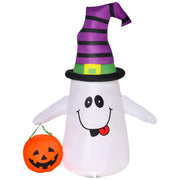 Homcom inflatable ghost in a purple witch hat holding an orange pumpkin bucket