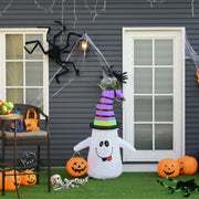 Ghost inflatable on a lawn beside pumpkins, a skeleton and a giant spider