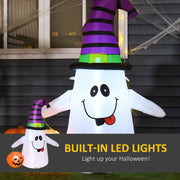 Close-up of the ghost's smiling face glowing under the striped witch hat