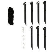 Supplied accessories laid out: tether rope, 7 ground stakes and 3 clips