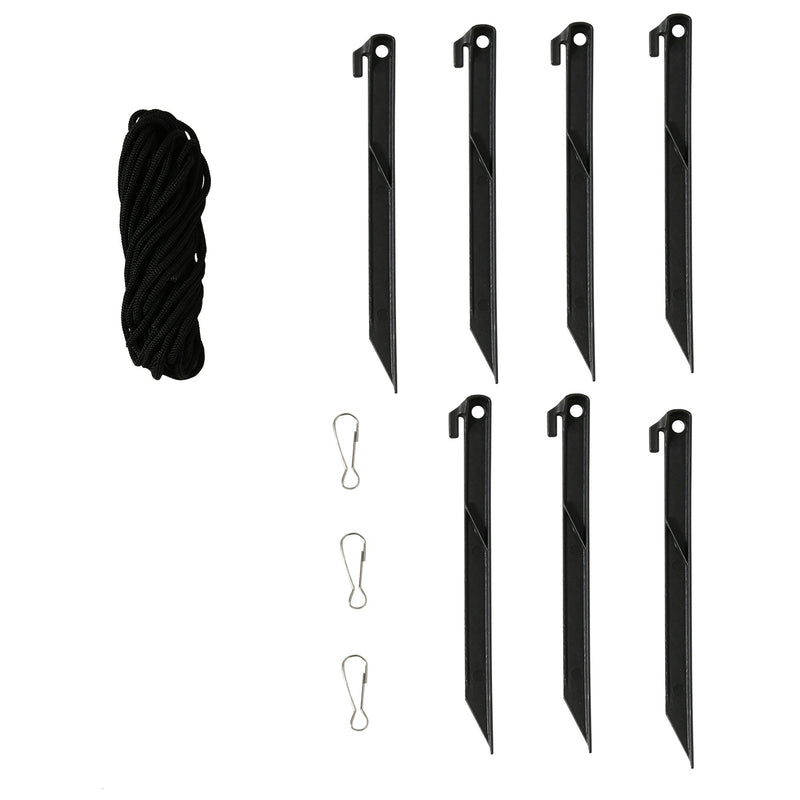 Supplied accessories laid out: tether rope, 7 ground stakes and 3 clips