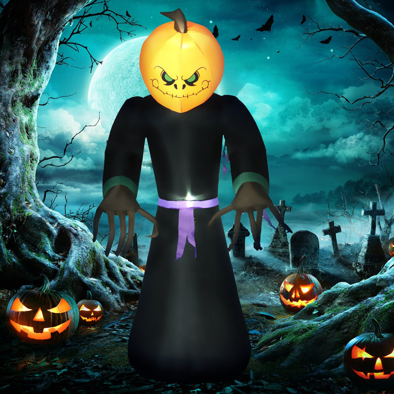 Pumpkin reaper glowing at night in a graveyard scene with carved pumpkins
