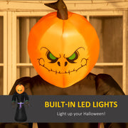 Close-up of the glowing orange pumpkin head with green eyes
