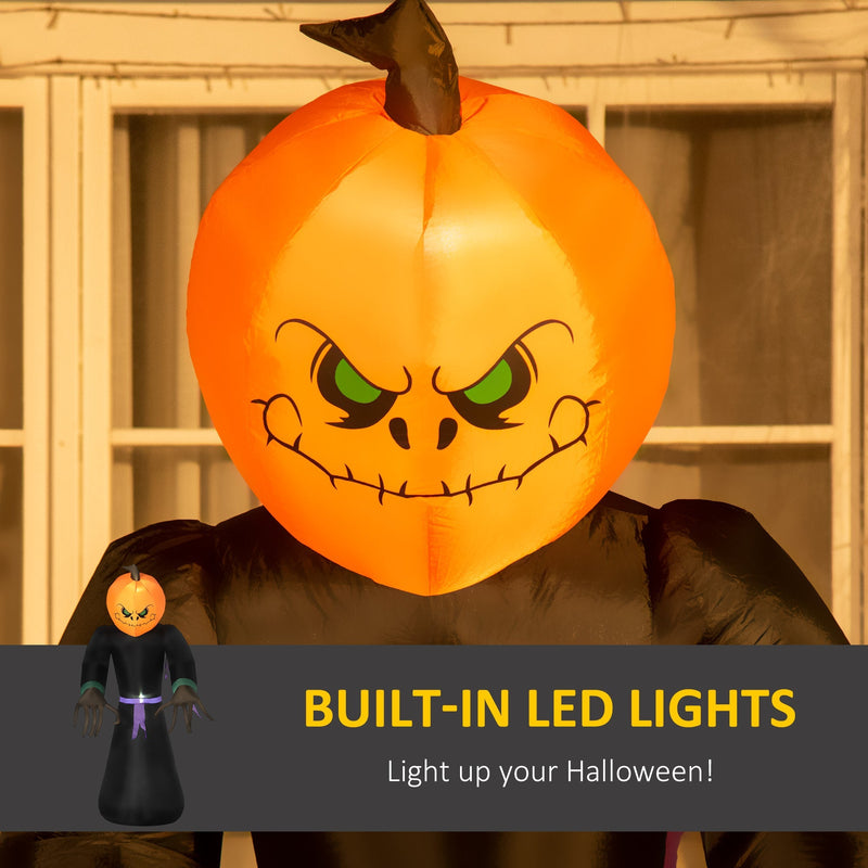 Close-up of the glowing orange pumpkin head with green eyes