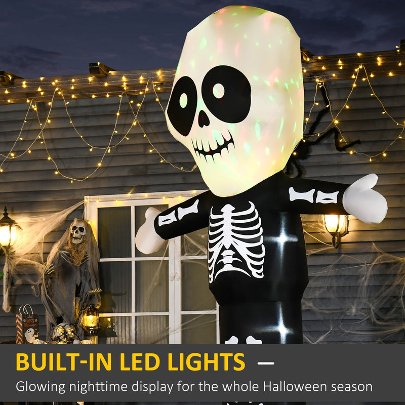 Skull head glowing pale green outside a house strung with fairy lights