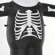 Close-up of the printed white rib cage on the skeleton's black torso