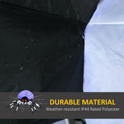 Close-up of water beading on the weatherproof polyester shell, captioned Durable Material Weather-Resistant IP44 Rated Polyester