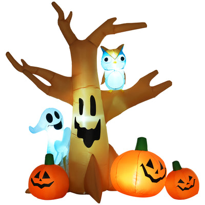 Inflatable Halloween tree with an owl, a ghost and 3 pumpkins on a white background