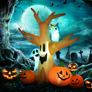 The Halloween tree lit up at night against a moonlit graveyard scene