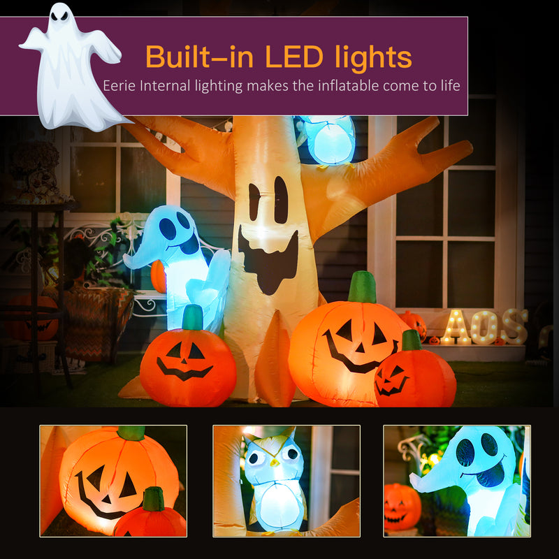The tree glowing beside a house at night with close-ups of the pumpkin, owl and ghost