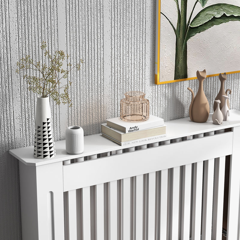 White Slatted MDF Radiator Cover Cabinet With Lined Grill Ideal For Stylish Heating