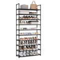 Ink black 10-tier shoe rack filled with shoes and a handbag on the top shelf