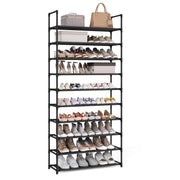 Ink black 10-tier shoe rack filled with shoes and a handbag on the top shelf