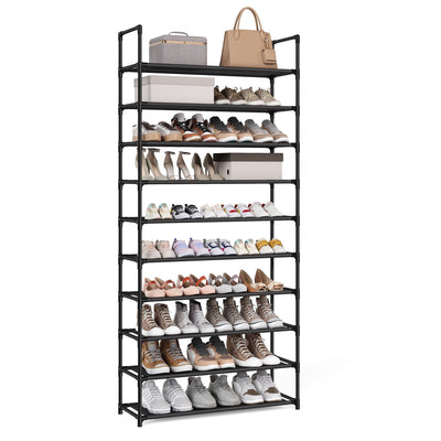 Ink black 10-tier shoe rack filled with shoes and a handbag on the top shelf