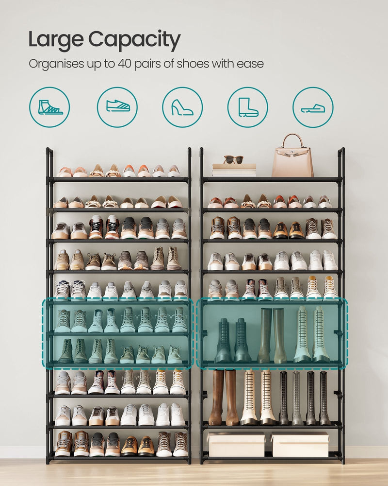 Two shoe racks holding trainers, heels and boots, showing room for up to 40 pairs