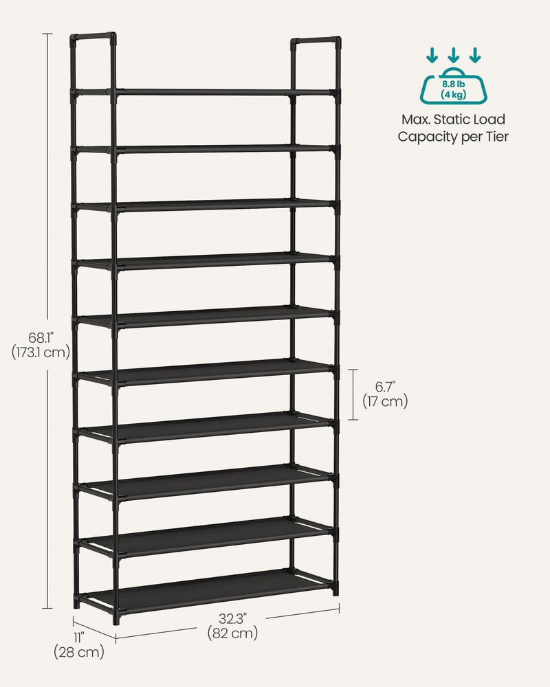 Dimensions diagram of the shoe rack: 82 cm wide, 28 cm deep, 173.1 cm tall, 4 kg per tier
