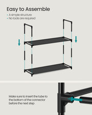 Tool-free assembly steps showing tubes sliding into connectors between shelves