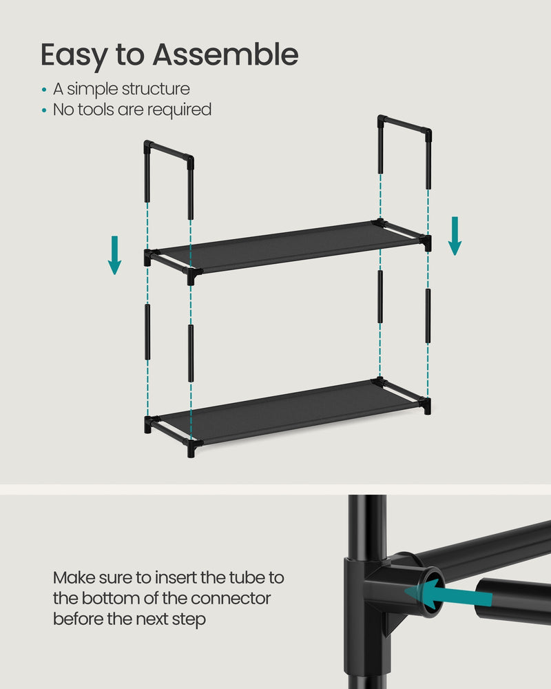 Tool-free assembly steps showing tubes sliding into connectors between shelves
