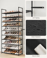 Full shoe rack beside close-ups of the anti-tipping strap, water-resistant fabric and easy wipe-clean