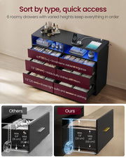 Black dresser with open drawers of sorted items and 16 cm and 20 cm drawer height labels