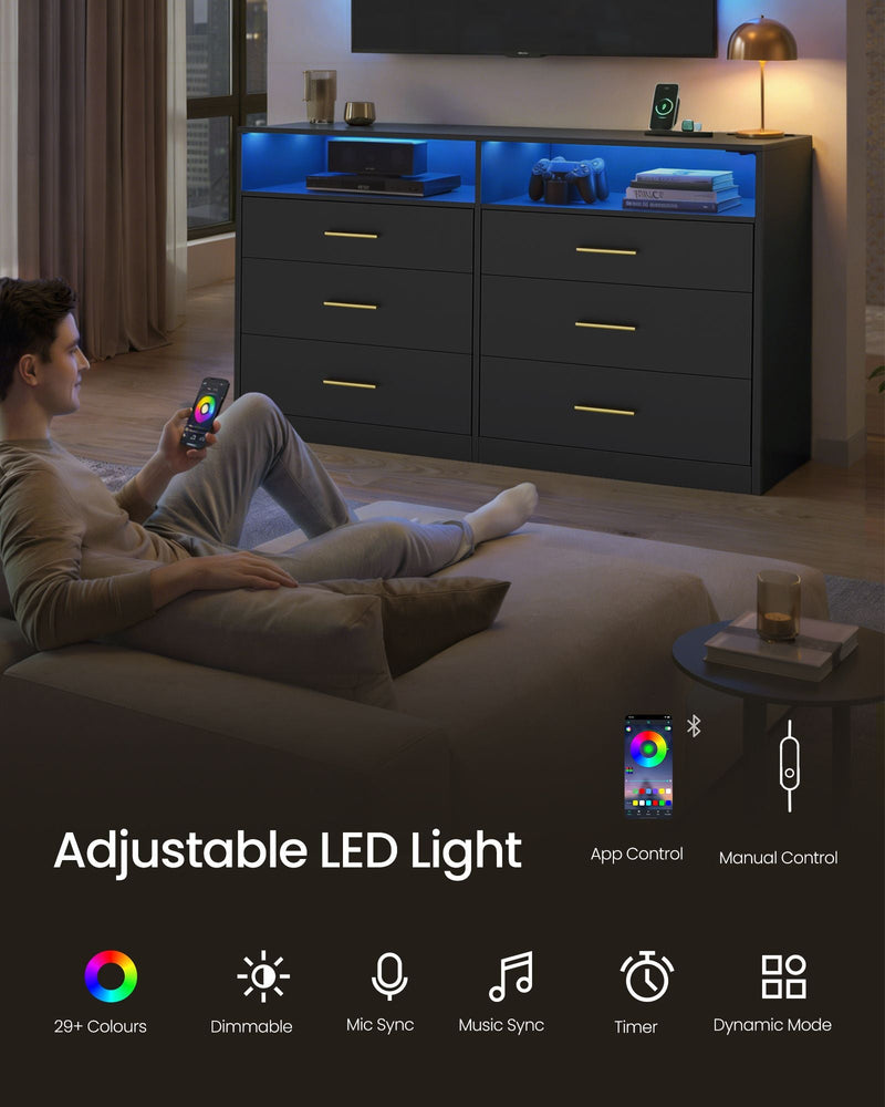 Man on a sofa changing the dresser LED colour from a phone app, with LED control features listed