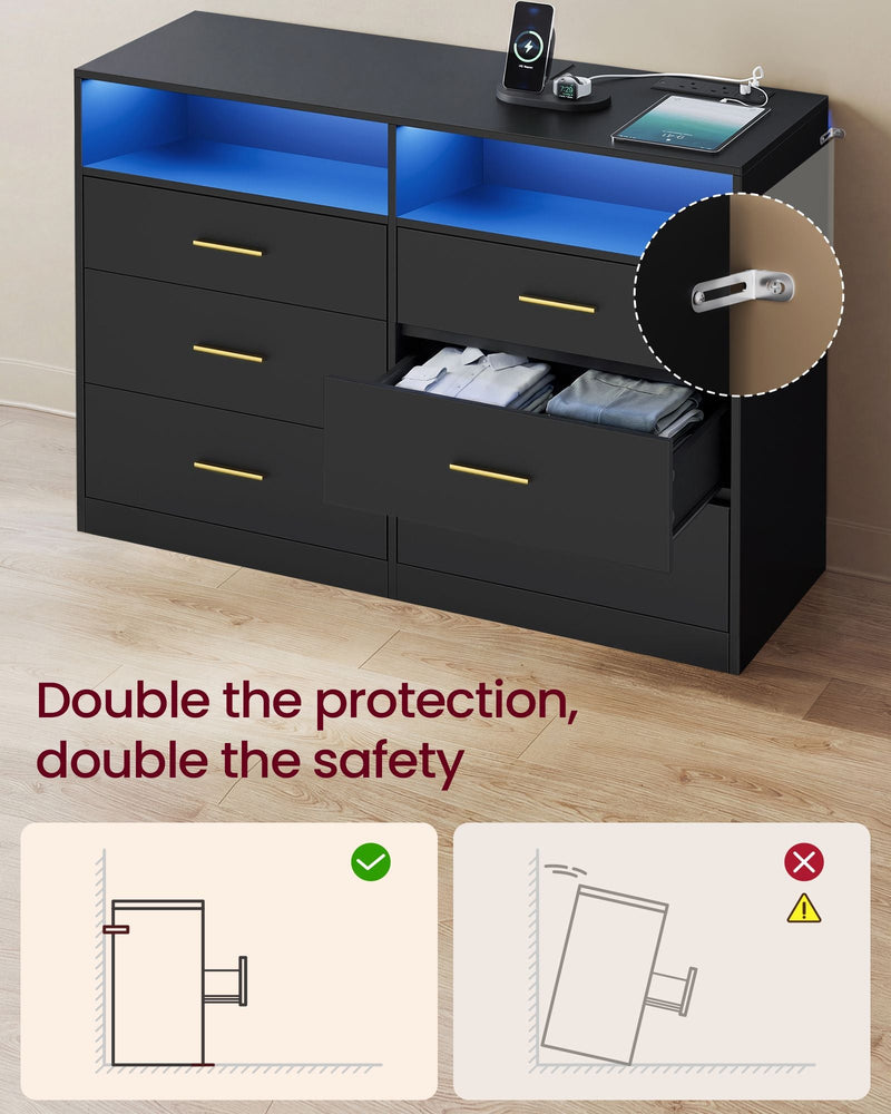 Black dresser with a charging stand on top and a back anti-tip bracket diagram