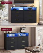 Black LED dresser styled in a living room under a TV and in a dining room with plates and a coffee machine