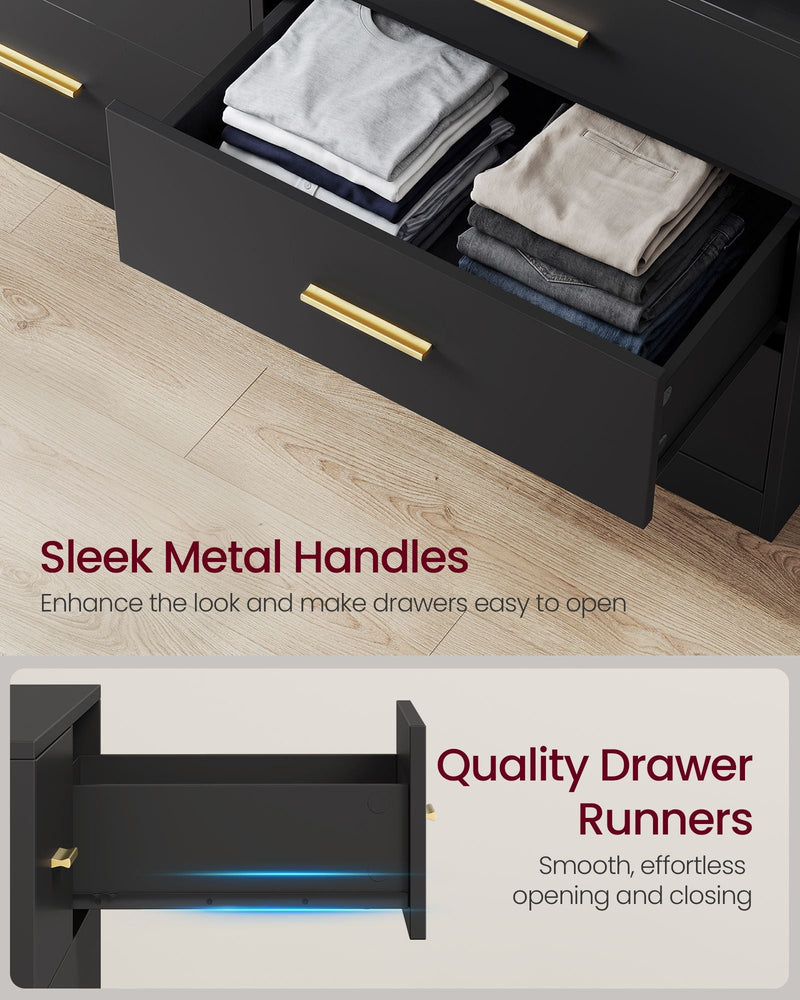 Open drawer of folded T-shirts and jeans beside a gold metal handle, with a drawer runner close-up