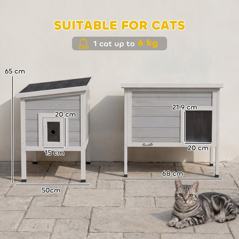 Dimension diagram showing the PawHut cat house at 68 x 50 x 65 cm with a 20 cm front door, suitable for one cat up to 6 kg