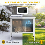 Cutaway graphic showing the removable insulated liner inside the PawHut cat house for winter and summer use