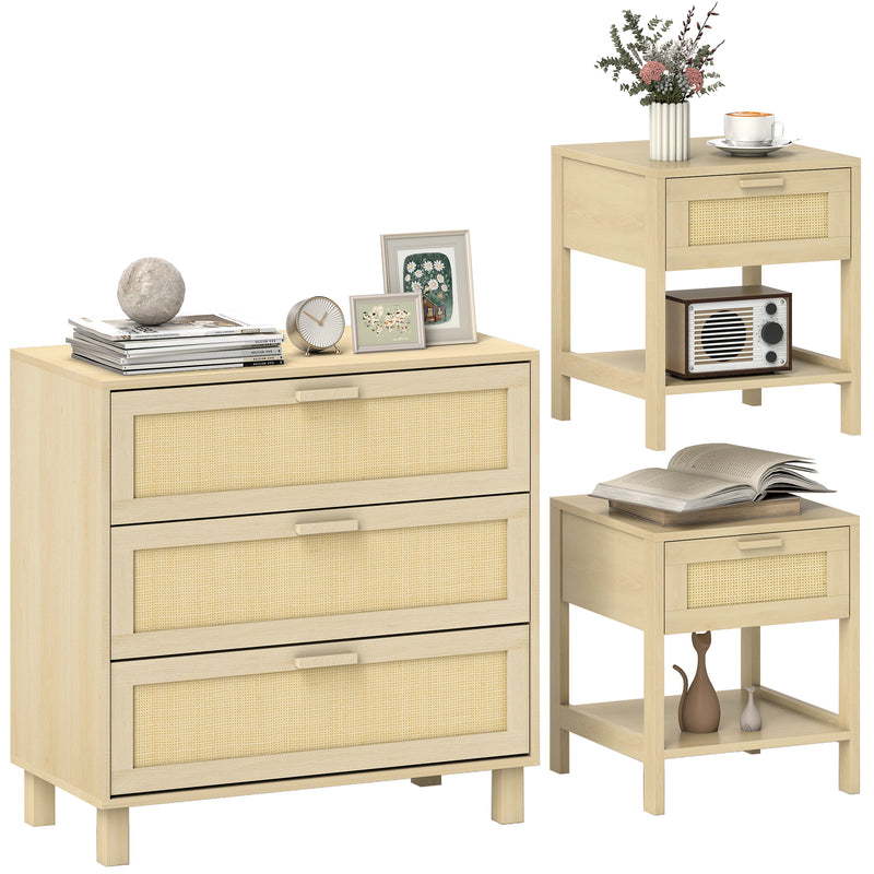 Bedroom Storage Set with 3 Drawer Chest and 2 Nightstands for a Calm Organised Space Natural Wood