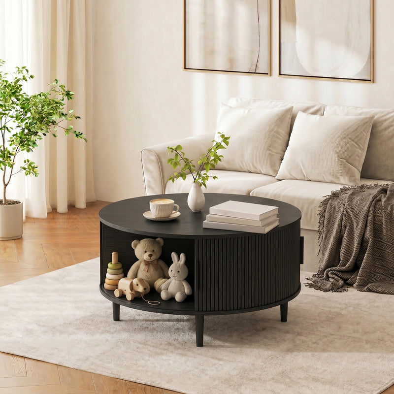 Round Coffee Table with Hidden Storage for Safer Family Living Room Black Wood Effect