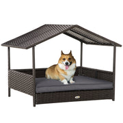 Elevated Rattan Dog Bed with Removable Cushion and Canopy for Small to Medium Dogs Grey